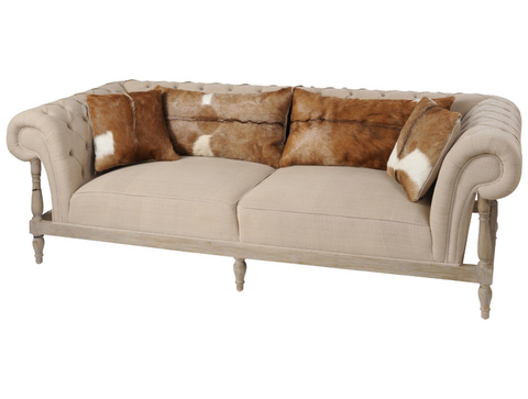 Mindi Three Seater Stone Cream Linen Sofa With Goat Skin Cushions