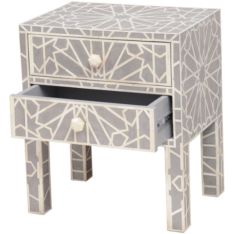 Floreat Mottled Blue Grey Bone Inlaid Two Drawer Bedside Table